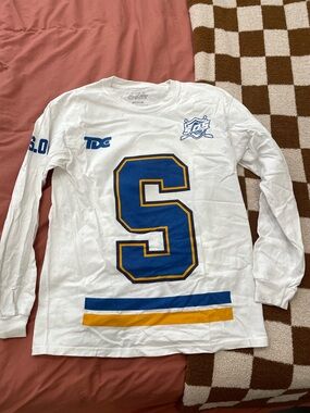 SZA White Long Sleeve Graphic Tee with Blue & Gold "S"